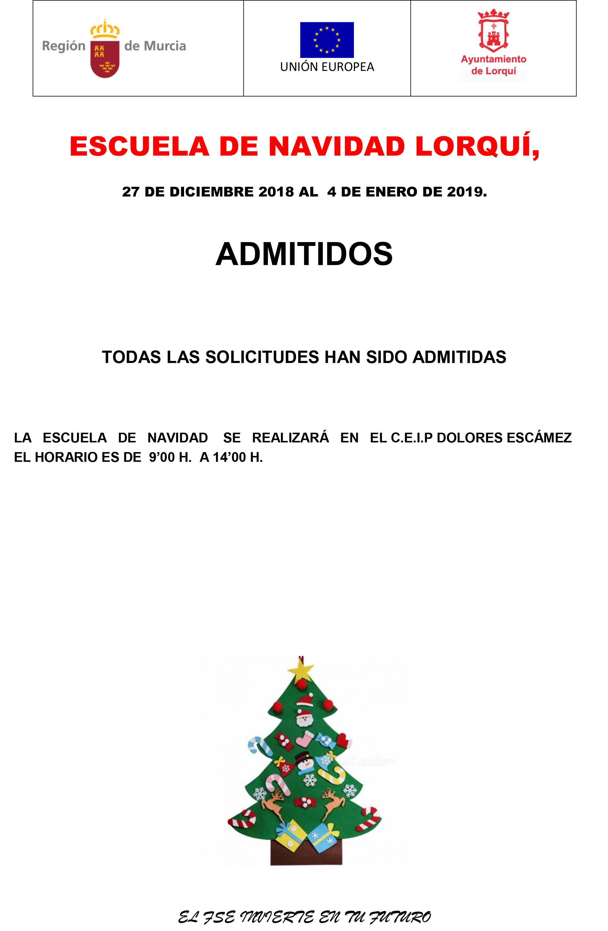 cartel admitidos escuela de navidad 2018