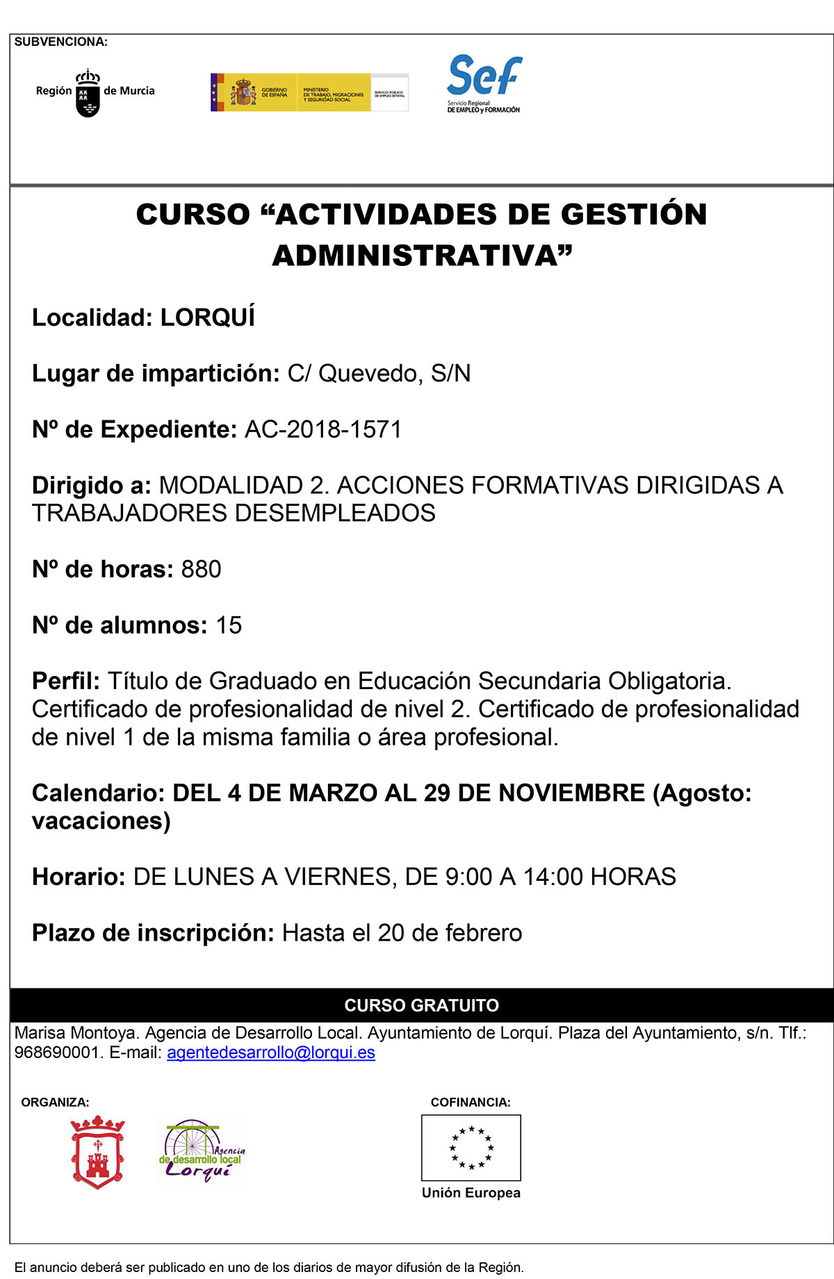 Anuncio prensa curso Actividades Auxilires Administracion