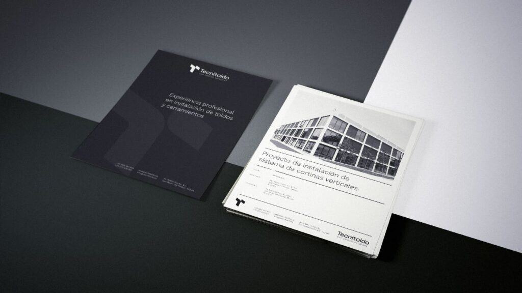 Diseño de folletos corporativos para Tecnitoldo. Folletos de branding para Tecnitoldo, empresa especializada en instalaciones de cortinas verticales.