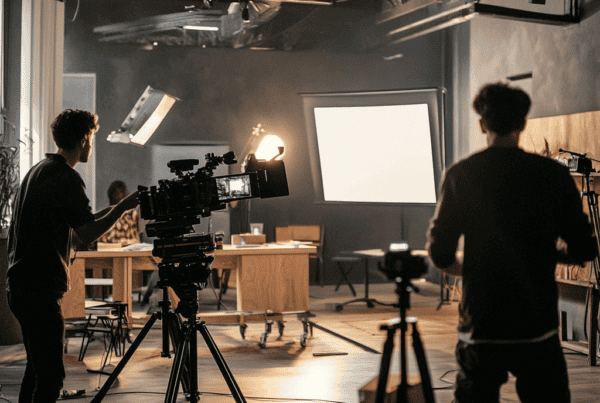 Equipo de grabación en estudio para crear videos corporativos creativos.