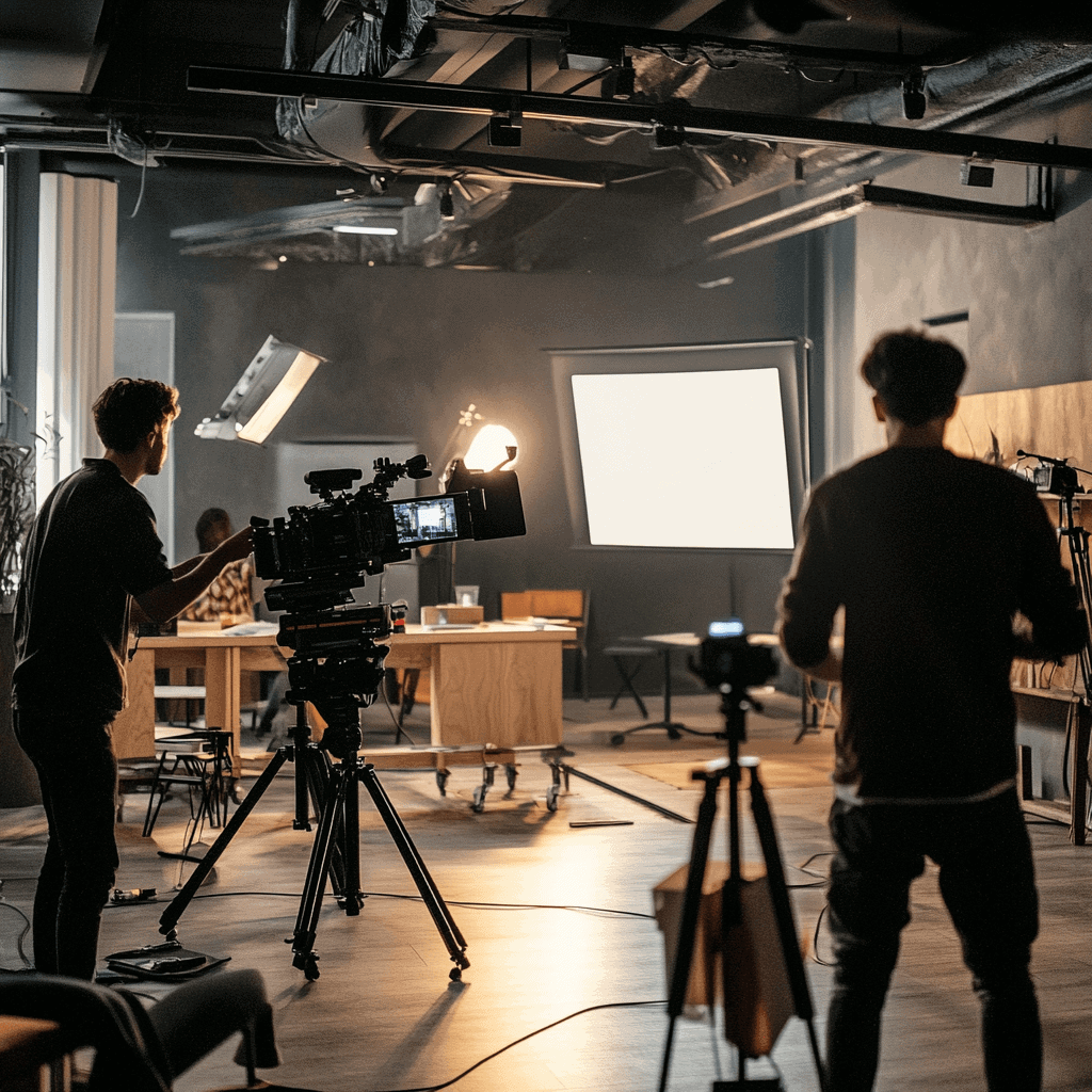 Equipo de grabación en estudio para crear videos corporativos creativos.