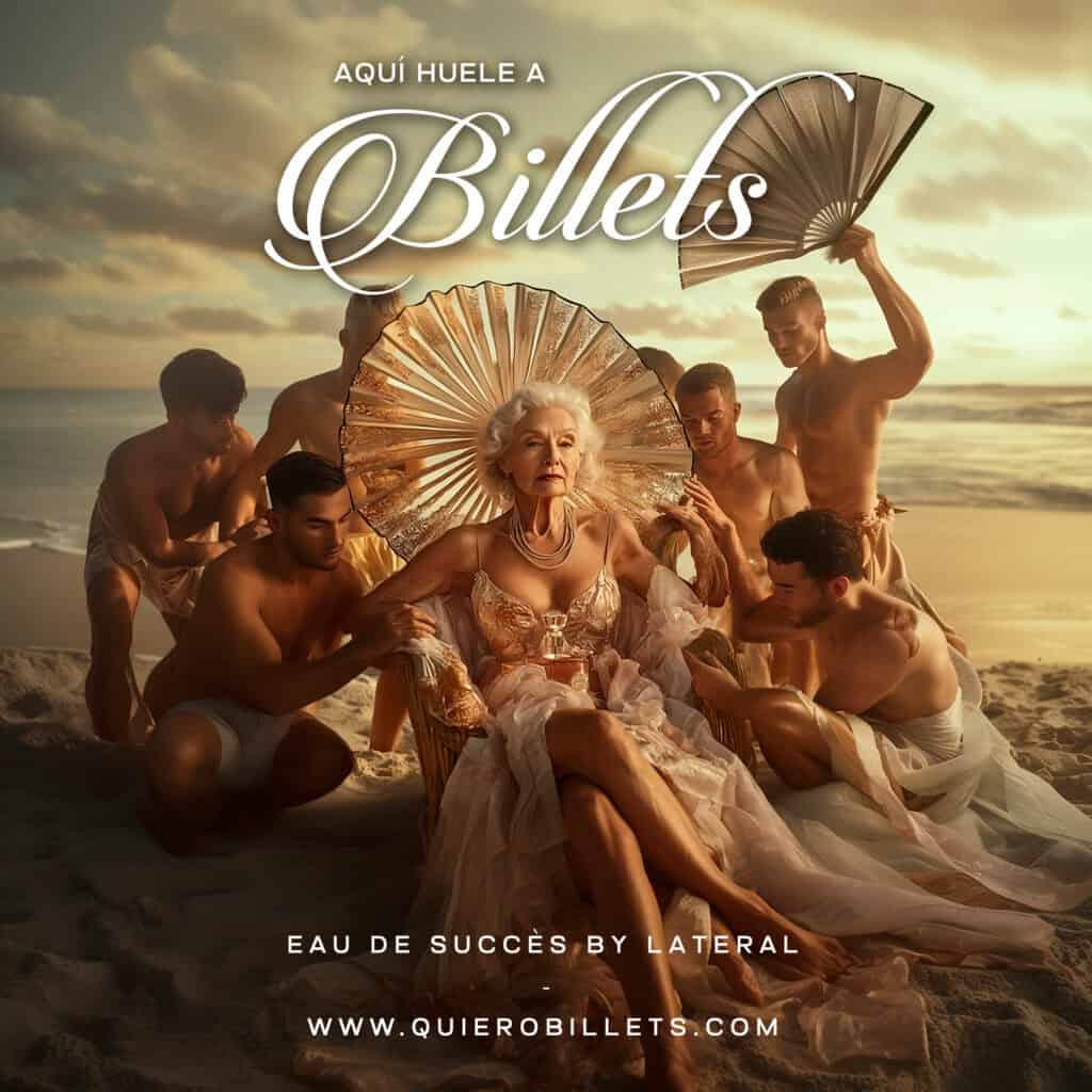 Campaña creativa Billets by Lateral Elegante mujer en la playa con abanicos y jóvenes acompañantes en un atardecer dorado.