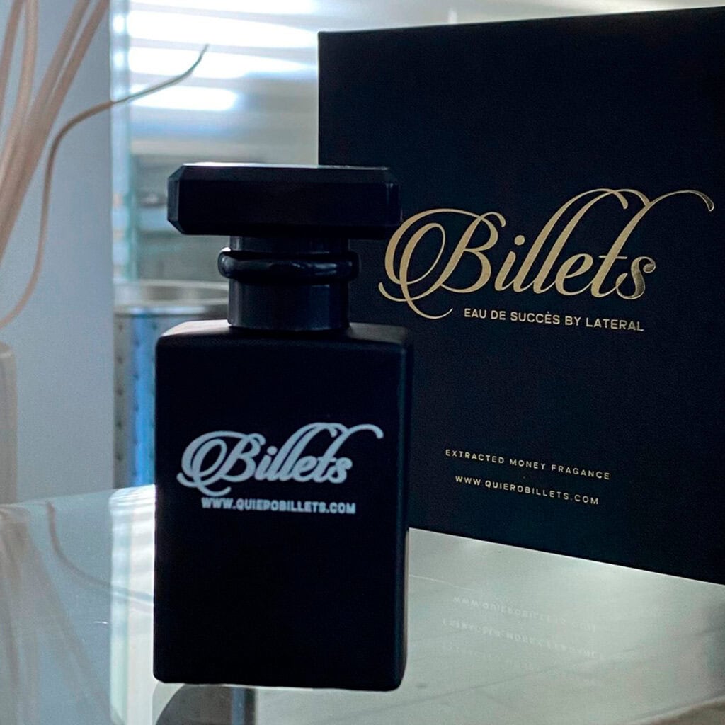 Dinero y éxito en un frasco de Billets Perfume Billets de Lateral, fragancia de éxito y dinero, presentación elegante.